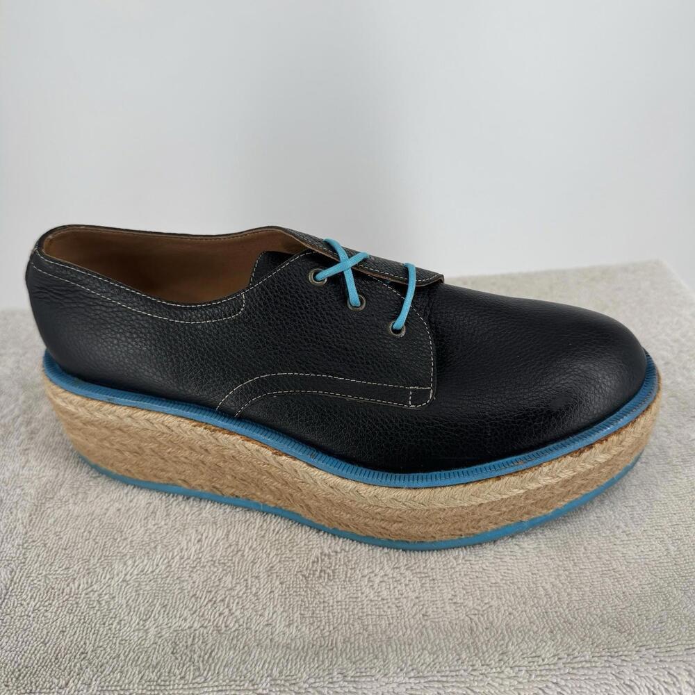 John Fluevog Black Leather Platform Espadrille with Blue Accents